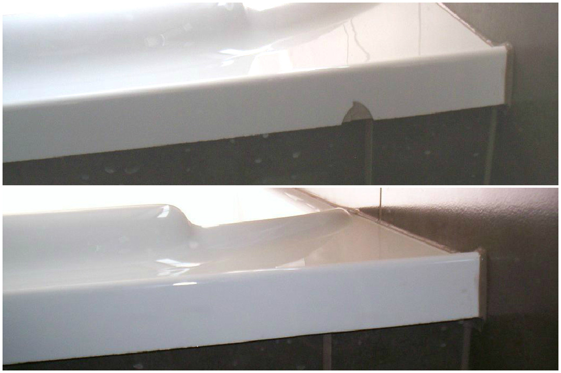 Before and after in one photo. A chip on the edge of a white bath against dark tiles, above the same edge after repair.