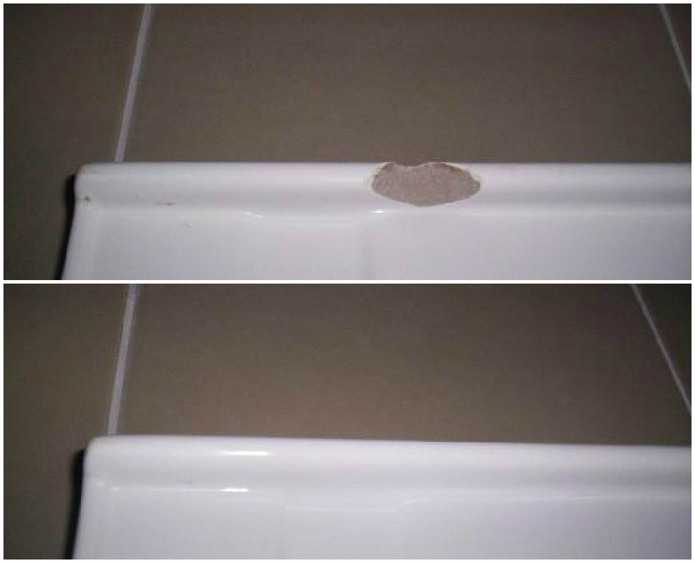 Before and after in one photo. A white acrylic bath rim with a large chip broken through the surface, above the same rim after repair with the chip gone.