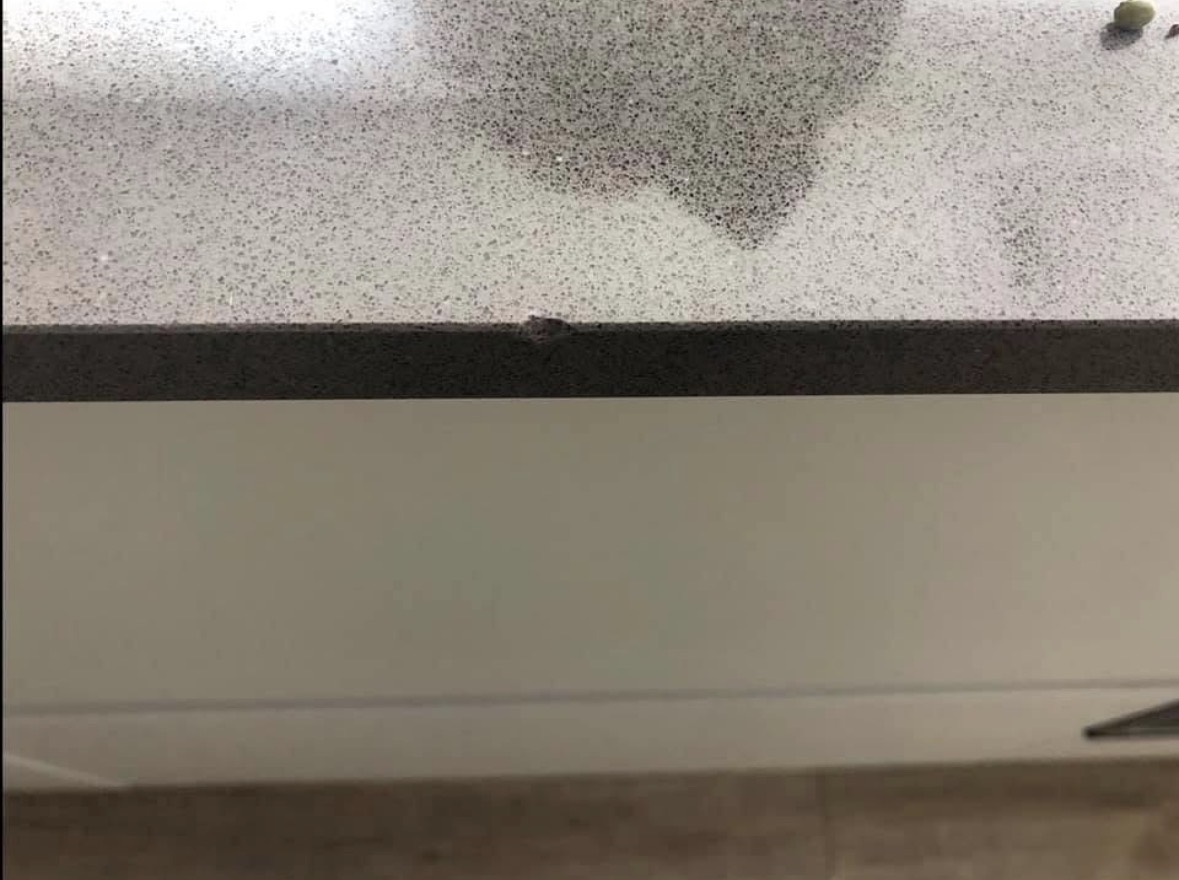A speckled white and grey stone benchtop photographed along its dark edge, with a chip broken out of the edge band.
