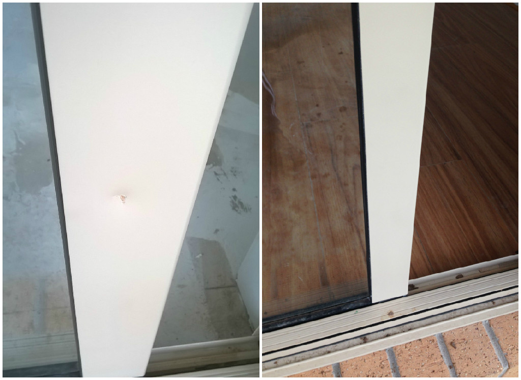 Before and after in one photo. A dent in a white painted door frame on a building site, beside the same frame repaired.