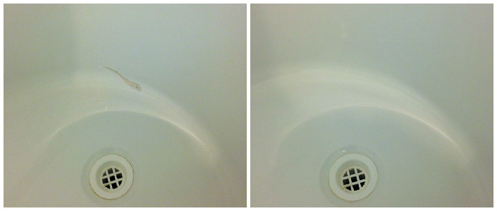 Before and after in one photo. A gouge in a white acrylic shower base near the drain, beside the same area repaired flush.
