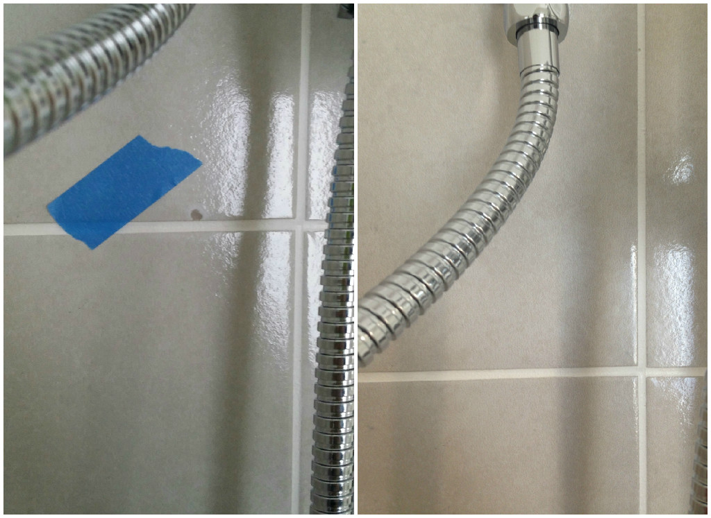 Before and after in one photo. A chipped beige shower wall tile marked with tape, beside the same tile repaired and invisible.