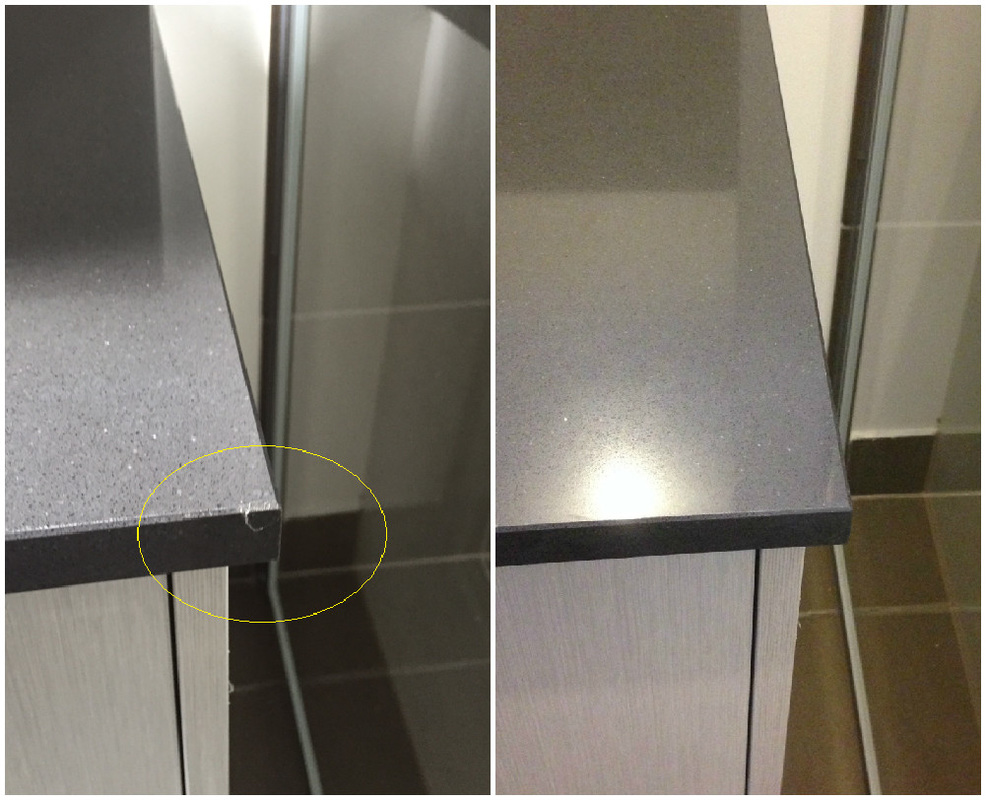 Before and after in one photo. A chipped corner on a dark speckled stone benchtop, beside the same corner rebuilt and matched.