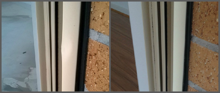 Before and after in one photo. A dented cream aluminium window frame, beside the same frame pulled straight and refinished.